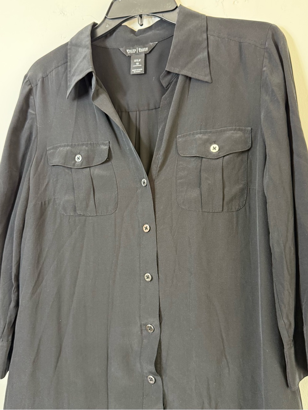 WHBM 100% Silk Black Button Down Utility Shirt Dress Size 10 LBD Work Minimalist - Picture 3 of 7